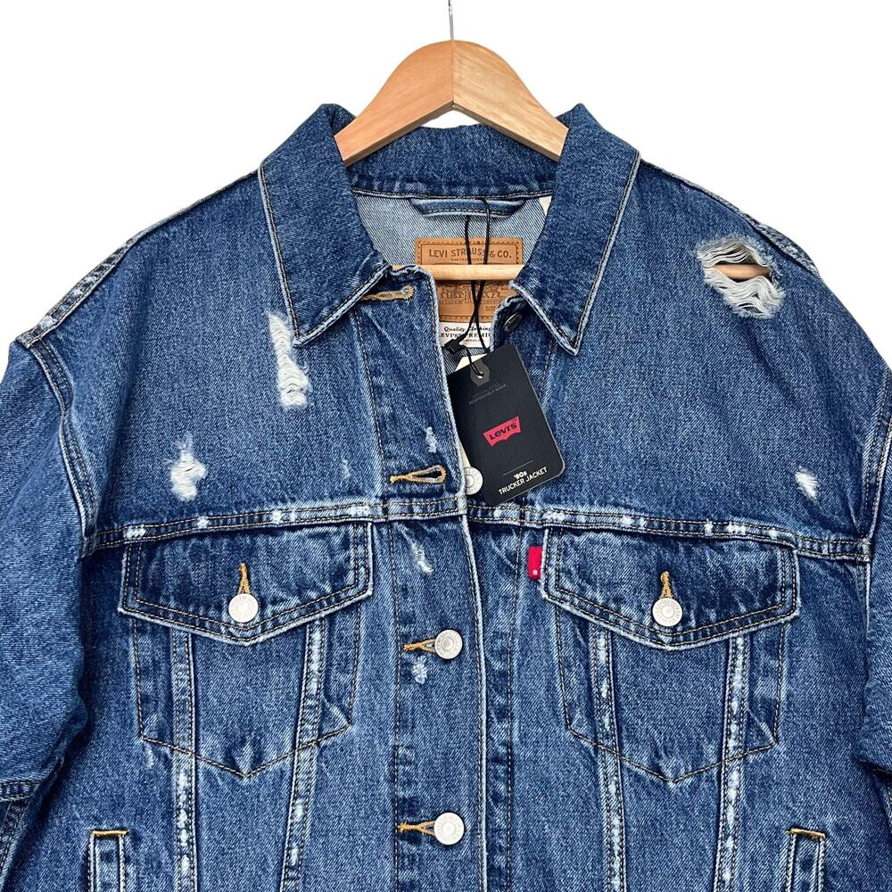 Levis 90s Trucker Jacket Sz S Relaxed Fit Medium Wash Collared Distressed Denim - Picture 4 of 11